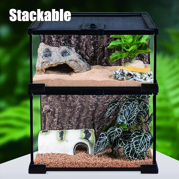 Reptile Terrarium Tank, Glass Reptile Vivarium, Sliding Mesh Cover, for Lizards, Horned Frogs, Snakes, Spiders, Turtle (M, 4.8Gal (12"x12"x7.8"))