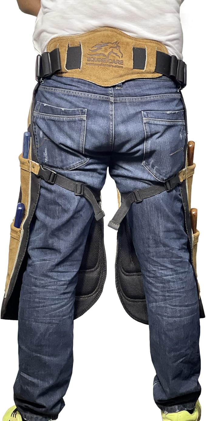 Equine Care Farrier Apron Chaps – Cowhide Suede Leather & Canvas, Adjustable Waist 28"-52" with Back Support, Tool Pockets & Nail Magnets – 23", 25", 27", 29" for Horse Shoeing (25 inches (65 cm))