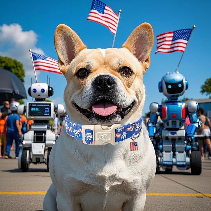 4th of July Dog Collar, Robot Star-Spangled Patriotic Dog Collars for Small Dogs, Adjustable Lightweight Quick-Release Buckle Collar for Boy&Girl Dogs S