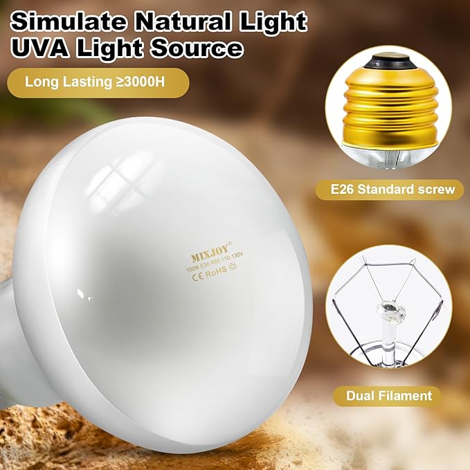 MIXJOY 100W Reptile Heat Lamp Bulbs, 2Pack Heat Lamp Bulbs for Reptiles Basking Bulbs UVA Daylight Basking Light Amphibians Heating Lamp Emitter for Lizard, Tortoise, Bearded Dragon Gecko, Chicken