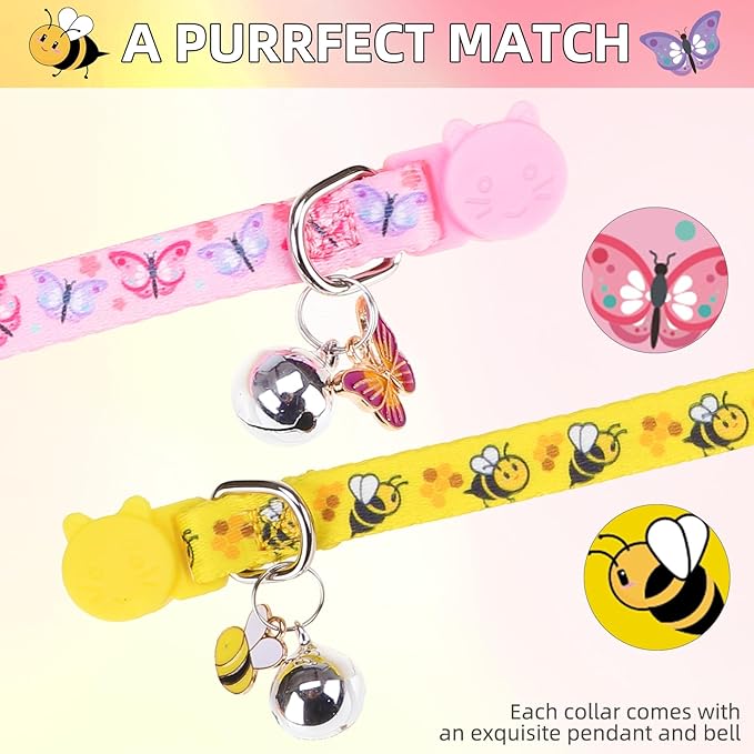 PUPTECK Breakaway Cute Cat Collar with Bell Charm, 2 Packs Adjustable Kitty Collars Animals Pattern, Pink&Yellow, 7.8-11.8 in