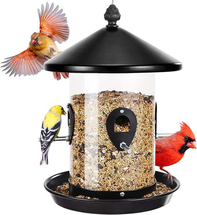 Kingsyard 4.5 lbs Large Metal Bird Feeders for Outdoors Hanging with 8 Ports, Tube Bird Feeder with Seed Tray, Weatherproof Squirrel Proof Roof for Cardinal Finch, Black