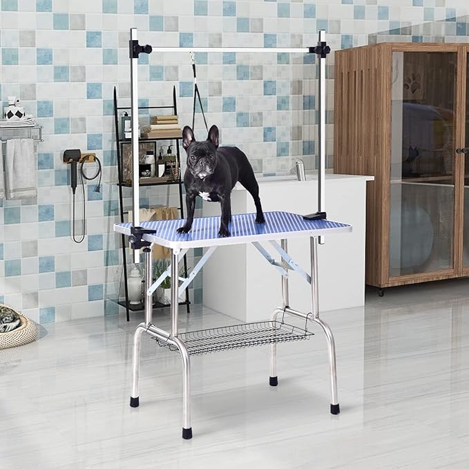 SoarFlash Pet Dog Grooming Table Foldable,Heavy Duty Foldable Pet Grooming Table with Arm & Noose & Mesh Tray, Maximum Capacity Up to 330lbs, 36inch, Blue