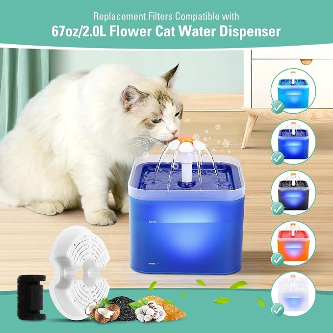 4 Pack Replacement Filters & 4 Pack Pump Filters for 67oz/2L Colorful Cat Fountain with LED Light, BFLICROY Cat Water Fountain Filter, Quadruple Filtration Pet Fountain Filters Replacement