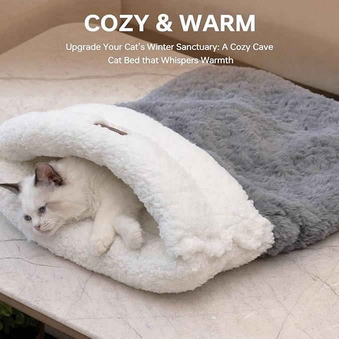 Cat Sleeping Bag 4 in 1 Cute Self Warming Cat Bed Cave with Plush Portable Snuggle Sack/Hideway for Indoor Cats & Small Pets Grey 21×17 Inch