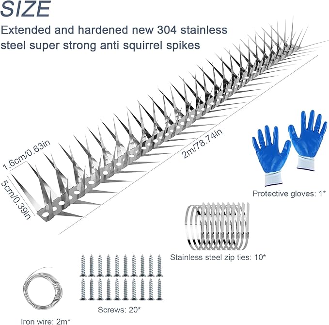 Bird Spikes,79 inch Stainless Steel Bird Deterrent Spikes,Raccoon and Snake Deterrent,Squirrel Baffles for Bird Feeders,Pigeon Spikes for Outside,Anti climb spikes Garden Fences and Fruit Trees