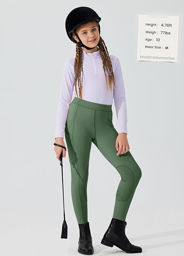 Willit Girls Horse Riding Pants Tights Kids Equestrian Breeches Knee-Patch Youth Schooling Tights Zipper Pockets