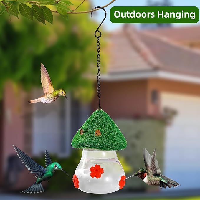 Hummingbird Feeders for Outdoors Hanging - Mushroom House Shape Bird Drinker, Water Resistant Leak Proof,Garden Birds Watching Patio Decoration with 3 Silicone Flower Feeding Ports (red Flower)