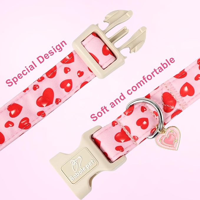 Valentines Dog Collar, Cute Pink Dog Collar with Red Heart Printed, Comfortable Girl Puppy Collar with Quick Release Plastic Buckle, Large