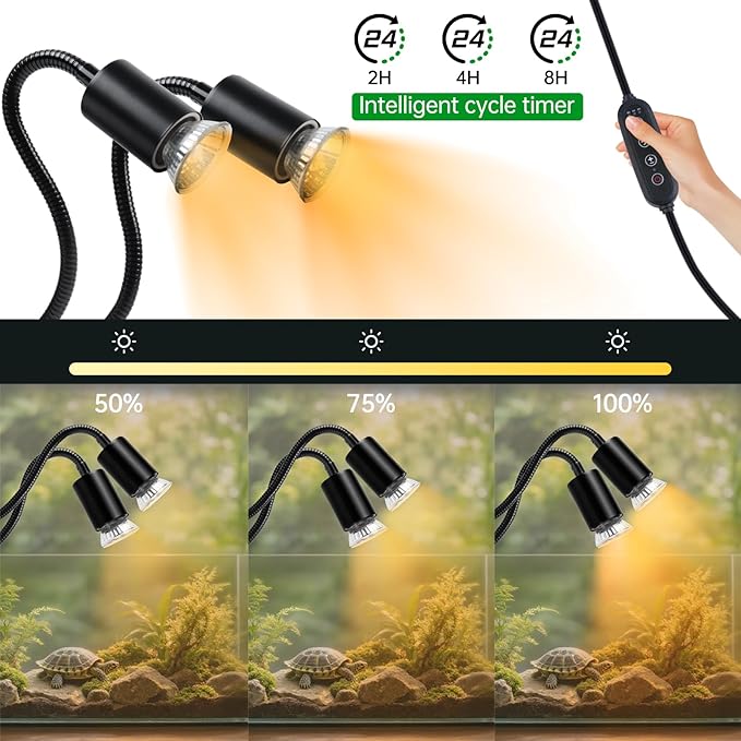 LUCKY HERP Reptile Heat Lamp, Dual Head UVA UVB Reptile Light with Cycle Timer, 360°Rotatable Dimmable Aquarium Turtle Tank Basking Light with 4 Bulbs (2PCS 25W and 2PCS 50W)