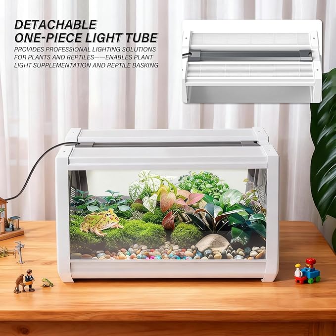 Reptile Terrarium,Anti-Breakage Lizard Cage, High-Transparency Viewing Window,Dual-Side Escape-Proof Doors,Integrated Lighting,Ideal for Mini Gecko,Insect,Tarantula,Frog，White