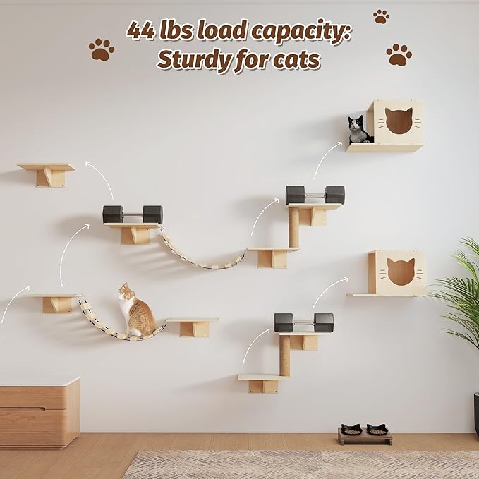Cat Wall Shelves, Wood 8-in-1 Cat Wall Furniture Set, Large Cat Shelves for Wall with Scratching Post, Cat Climbing Wall Activity Center for Climb, Play, Rest, and Scratch, Natural Wood