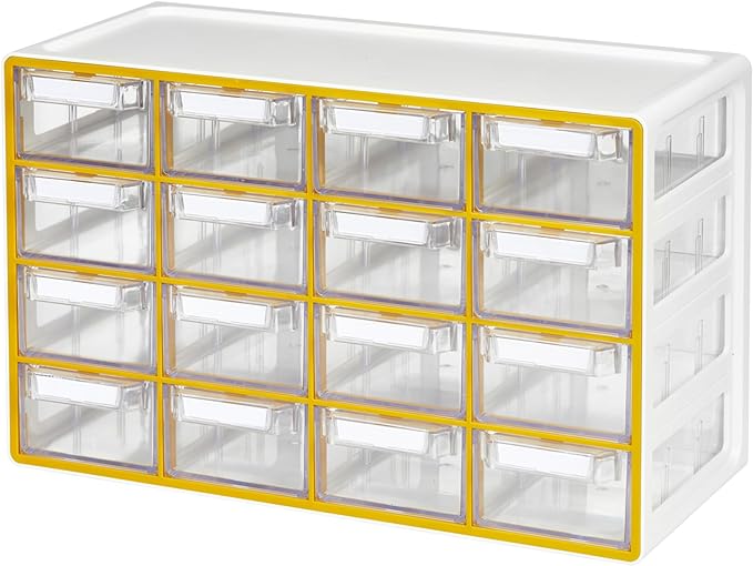Blue Ginkgo Medium 16-Drawer Cabinet – Stackable Clear Organizer for Hardware, Beads, Plastic Bricks, Office, and Craft Storage (Made in Korea, Yellow)