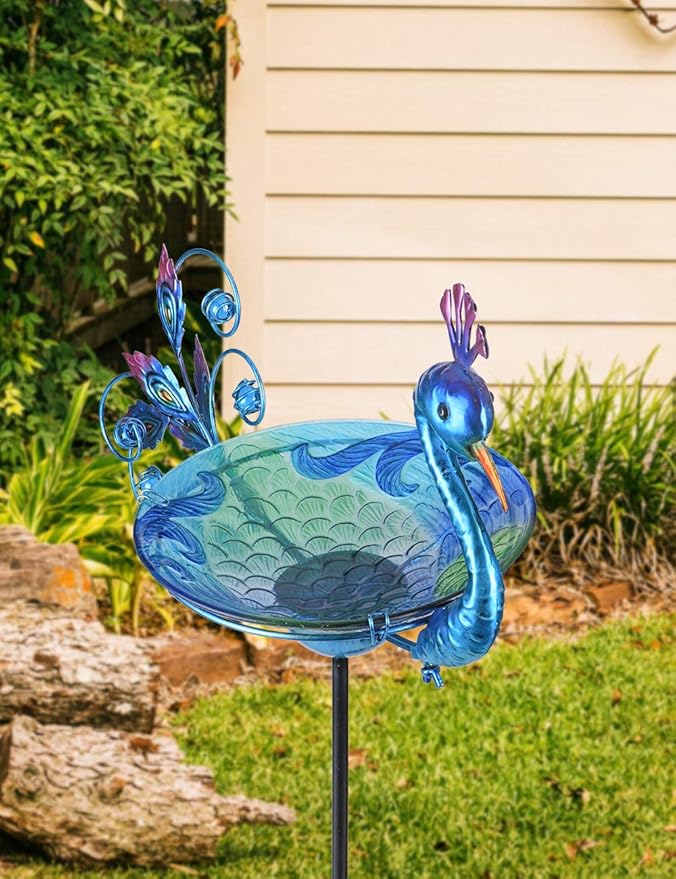 MUMTOP Outdoor Bird Bath Solar Birdbath Small Birdfeeder with Peacock Metal Stake for Garden Yard Decor