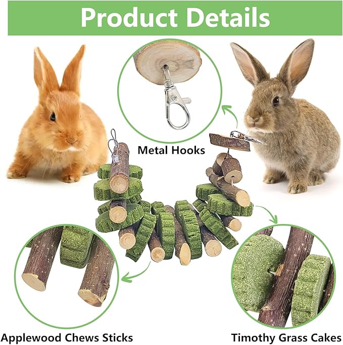 Hamiledyi 2 PCS Rabbit Chew Toys Hanging Bunny Toys for Teeth Grinding Natural Apple Wood Sticks and Timothy Grass Cake Improve Small Animals Dental Health Treats for Guinea Pig Hamster Chinchilla