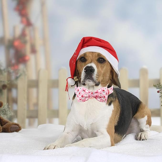 Dog Collar, Christmas Pink Santa Claus Cotton Pet Collar Bow Holiday Girl Boy Cute Puppy Collar Adjustable Pet Collar for Small Dogs