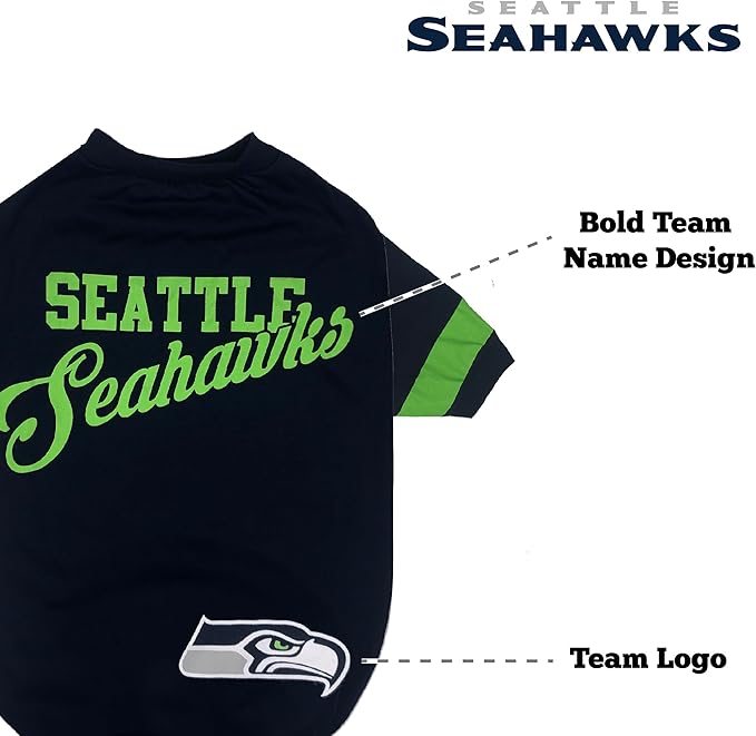 Pets First NFL Seattle Seahawks T-Shirt for Dogs & Cats, Large. Football Dog Shirt With Fashionable Stripe Design, Durable & Cute Sports Pet Tee Outfit (SEA-4146-LG)