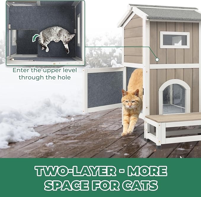 Insulated Cat House, Wood Two Story Outdoor Cat House Weatherproof with Cat Scratching Cloth, 4 Doors, Balcony, Jumping Platforms, Outside Clawsable Feral Cats Shelter for Small Animals, Grey