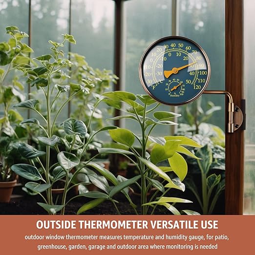 4-Inch Outdoor Thermometer and Humidity Gauge, Window Thermometer for Outside Temperature and Humidity Monitor, Brass Analog Dial, Battery-Free for Patio, Garage, Greenhouse, Garden, Wall