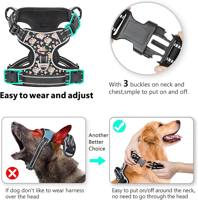 Timos No Pull Dog Harness,NO Need Go Over Dogs Head 3 Snap Buckles Reflective Oxford No Choke Harness with Front&Back 2 Metal Leash Clips Soft Padded for Small Medium Large Dogs,X-Large (Pack of 1)