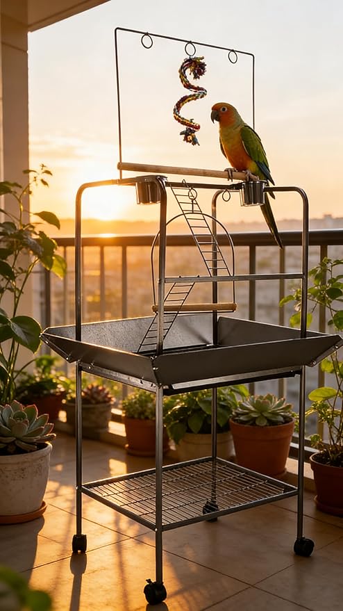 62 Inch Bird Cage with Wooden Perches, Standing Wrought Iron Birdcage with Wheels, Large Parrot Cage Bird Cages with Slide-Out Tray Water Bottle Feeder for Parakeets,Cockatiel, Canary,Pigeons