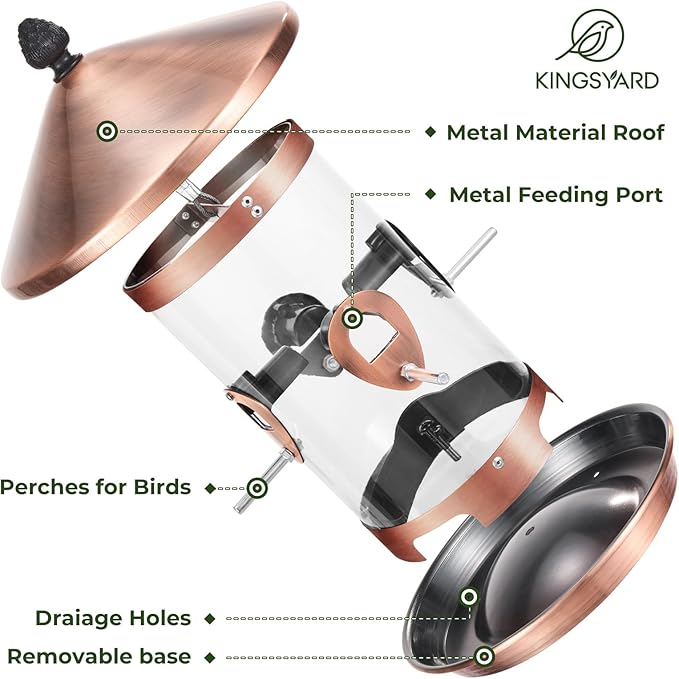 Kingsyard 4.5 lbs Large Metal Bird Feeders for Outdoors Hanging with 8 Ports, Tube Bird Feeder with Seed Tray, Weatherproof Squirrel Proof Roof for Cardinal Finch, Copper