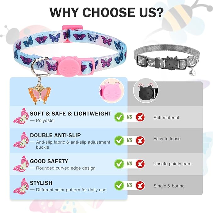 Cat Collar Breakaway with Bells, 3 Pack Spring Flower Cat Collars for Girl Boy Cats, Cute Kitten Collars with Safety Buckle Adjustable 8"-12" for Outdoor Indoor Kitty Puppy Small Pets, Insect