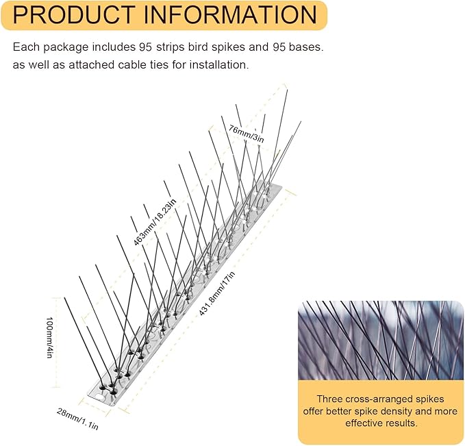 OFFO Bird Spikes with Stainless Steel Base, Covers 134.6 Feet(41m) Durable Bird Spikes Arrow Pigeon Spikes Fence Kit for Keeping Small Bird, Crows and Woodpeckers Away
