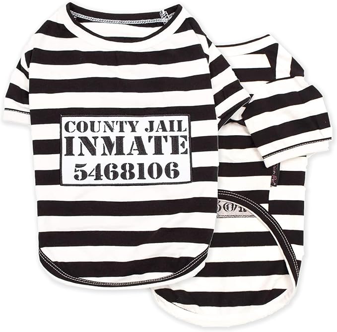 Parisian Pet Dog Shirt - Prisoner Costume - Black and White Striped Cotton Clothes - Lightweight Polyester Sleeved Outfit for Large Dogs - 4XL