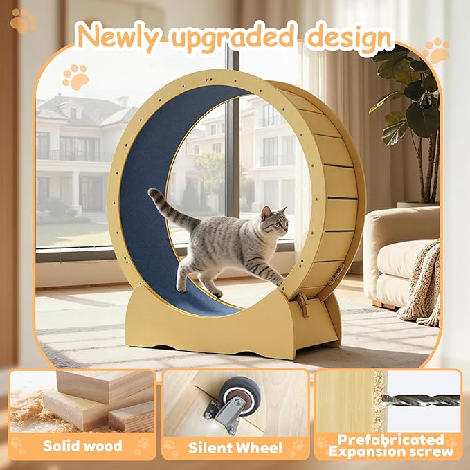 KEIKI 42" Cat Exercise Wheel for Indoor Cats, Large Quiet Treadmill Wheel with Detachable Carpeted Runway, Solid Wood Sturdy Running Wheel for Training & Play, Indoor Cat Wheel, Acacia Wood