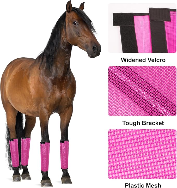 FOXLVDA Horse Fly Boots - Fly Boots for Horses Set of 8, Comfortable Horse Leggings, Mesh Material Design with Metal Support Bars for Reduces Stomping & Leg Fatigue (Green-Rose, Large)
