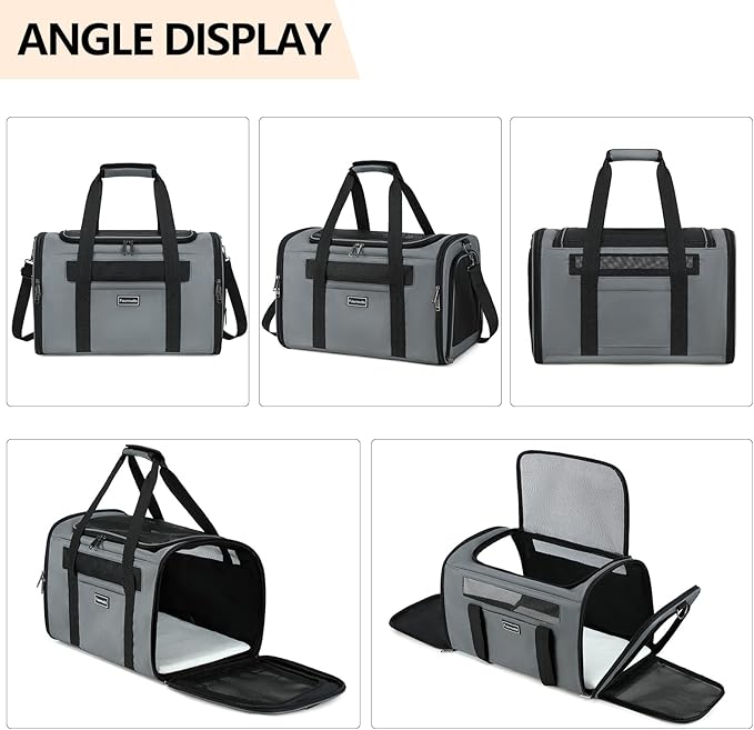 Cat Travel Carrier .Foldable Dog Carrier Bag, Soft Sided cat Carrier up to 20 Lbs,Pet Carrier Soft-Sided Escape Proof with 4 Ventilated Windows, Airline Approved Cat Carrier (Grey)