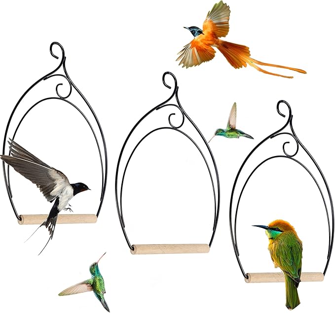 winemana Set of 3 Hummingbird Swings, Rust Resistant Metal Frame, Wooden Dowel, Attach to Bird Feeders, Perfect for Hanging Indoor Office Outdoor Trunk Lawn Patio Garden (7.4" x 5.5")