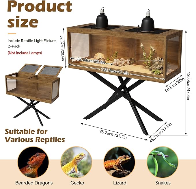 80 Gallon Bearded Dragon Tank with Stand & 2 Dimmable Reptile Light Fixtures, Front Sliding Door Tempered Glass Reptile Habitat with Mesh Top for Snakes/Lizards/Geckos/Tortoises (Bulbs Not Included) ﻿