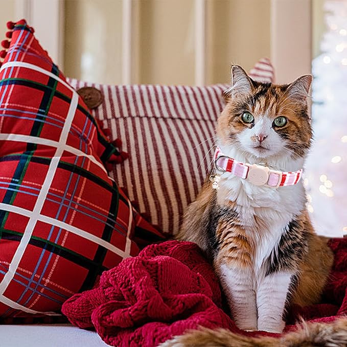 Elegant little tail 2 Pack Cat Collar-Pink Strip Cotton Breakaway Cat Collars with Bell Pendant Kitten Girl Cats Safety Adjustable Collar for Small Cats Puppy