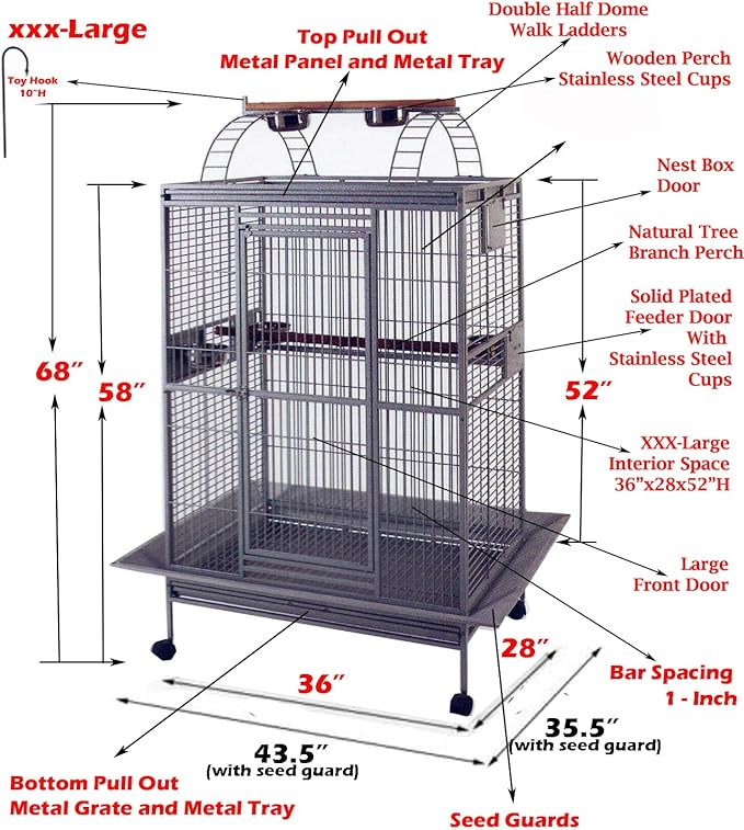 4-Size/2-Color, Large Double Ladders Open Play Top Wrought Iron Bird Parrot Parttot Finch Macaw Cockatoo Cage, Include Seed Guard and Toy Hook