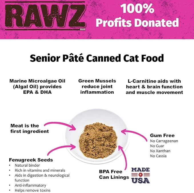 Rawz Natural Premium Pate Canned Cat Wet Food - Made with Real Meat Ingredients No BPA or Gums - 5.5oz Cans 24 Count (Salmon & Green Mussels for Seniors)