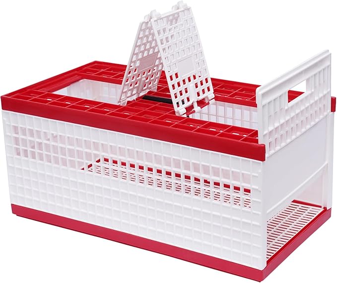 Pigeon Carrier Cage, 23.6"X12.2"X10.2" Plastic Training Basket with 4 Doors (2 Side + 2 Top), Red Foldable Pigeon Cage with Handle,Portable Bird Transport Box for Racing & Release