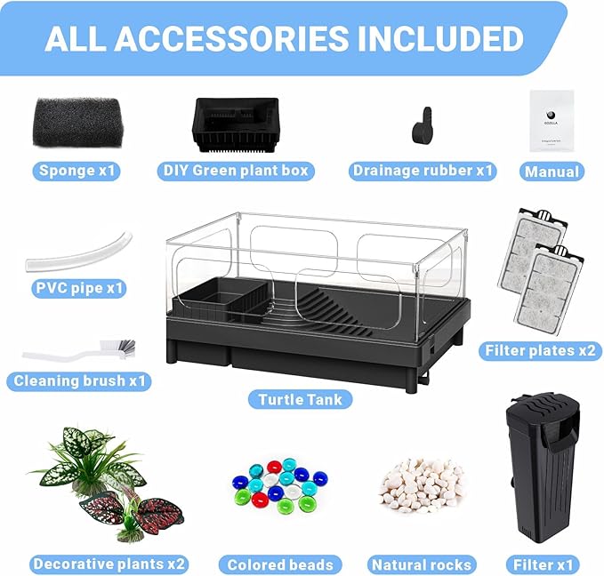 GOZILLA Small Turtle Tank with Filter, Acrylic Aquarium Turtle Tank Starter Kit with Multi-Functional Areas for Turtles, Hermit Crabs, Crayfish, Small Reptiles. (Black)