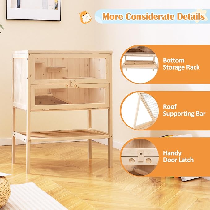 PETSITE 31.5 Inches Freestanding Wooden Hamster Cage, Chew-Proof 2-Layer Hamster House with Full Transparent Viewing, Flip-Top Roof, and Storage Shelf, Ideal for Dwarf Hamster and Gerbils