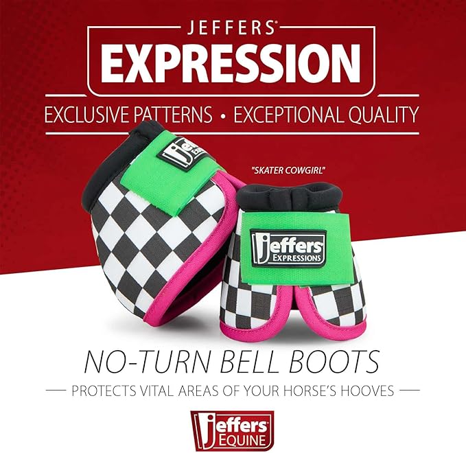 Jeffers Expression No Turn Bell Boots for Horses - Skater Cowgirl, Large | Shock Absorbing Hoof Protection | Secure Double Hook & Loop Closure, Perfect for Turnout, Training, & Riding - 1 Pair