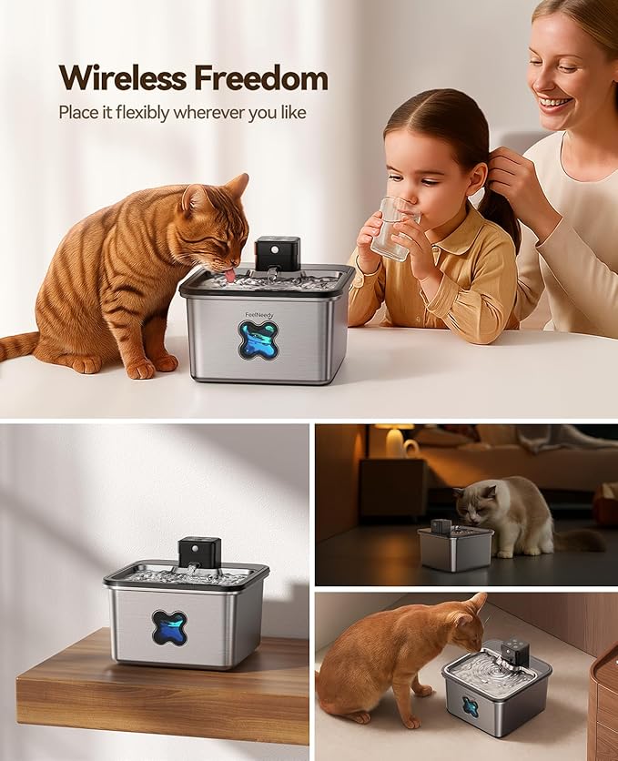 Cat Water Fountain Cordless: [Visual Filter] & [Heavy-Duty Stainless Steel] FEELNEEDY- Premium, Durable Design. 3.2L/108oz, 4000mAh Battery Operated Pet Fountain with Sensor, for Cats and Dogs