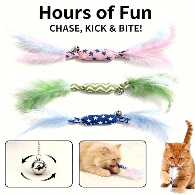 Catnip Toy Candy Shape with Bright Colors Feathers & Bell, Kicker Chew Toy for Indoor Cats, Enrichment Toys for Bored Kittens & Adult Cats, 3-Pack Crinkle Plush Toys for Teething and Play