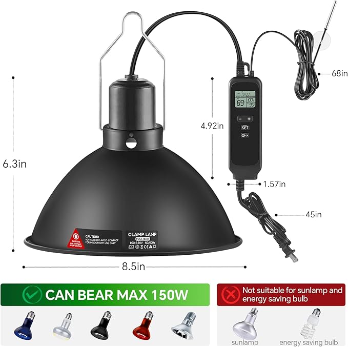 8.5 inch Reptile Heat Lamp Fixture with Thermostat and Timer,Reptile Light Fixture with Dimming Thermostat Max 150W,PID Temperature Controller for UVB Lights,Basking Heat bulbs and Terrariums