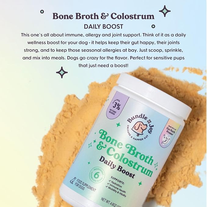 Bundle x Joy Beef Bone Broth for Dogs with Colostrum Daily Boost Powder, Immune Support & Allergy Relief for Dogs, Beef Flavor, 4.8 oz, 54 Servings with Scoop - Dog Supplements Made in USA