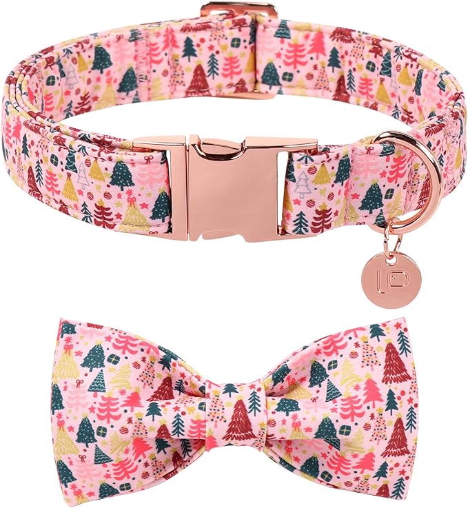 Christmas Dog Collar with Bow Tie, Pink Christmas Tree Collars for Dogs, Adjustable Pet Collar with Cute Xmas Tree Pendant, Winter Dog Accessories for Small Medium Large Dogs XS