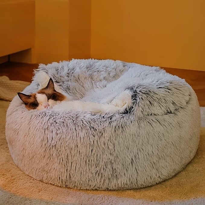 Plush Fluffy Dog and Cats Round Bed – Ultra-Soft Faux Fur Pet Shell Nest with Raised Bolster Edge, Self-Warming Calming Nest for Small to Large Pets (Gray, X Large（31.5“/<75lbs)