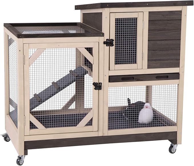 Aivituvin Rabbit Hutch Rabbit Cage Indoor Bunny Hutch with Run Outdoor Rabbit House with Two Deeper No Leak Trays - 4 Casters Include (Without Bottom Wire Netting)