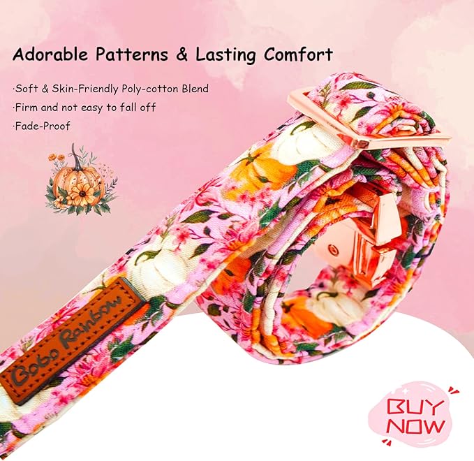 Fall Dog Collar, Pink Flower Pumpkin Print Adjustable Pet Collar Cute Cotton Soft Collars with Bow Tie Metal Buckle Holiday Puppy Collars Boy&Girl Gift for X-Large Dogs