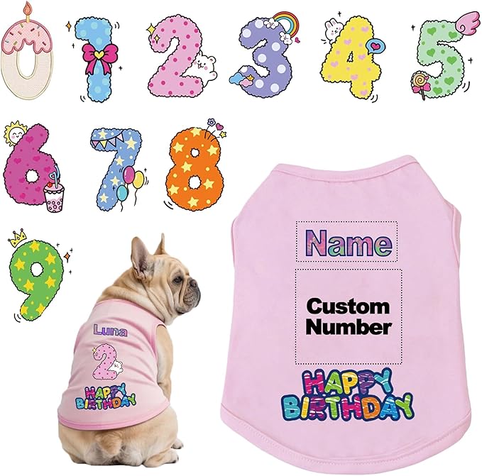 Custom Dog Birthday Shirt,Personalized Pet Apparel Print with Name Age Number,Pet Birthday Outfit,Lightweight Breathable Cotton Vest for Small Medium Large Dogs Cat (Pink, X-Large)